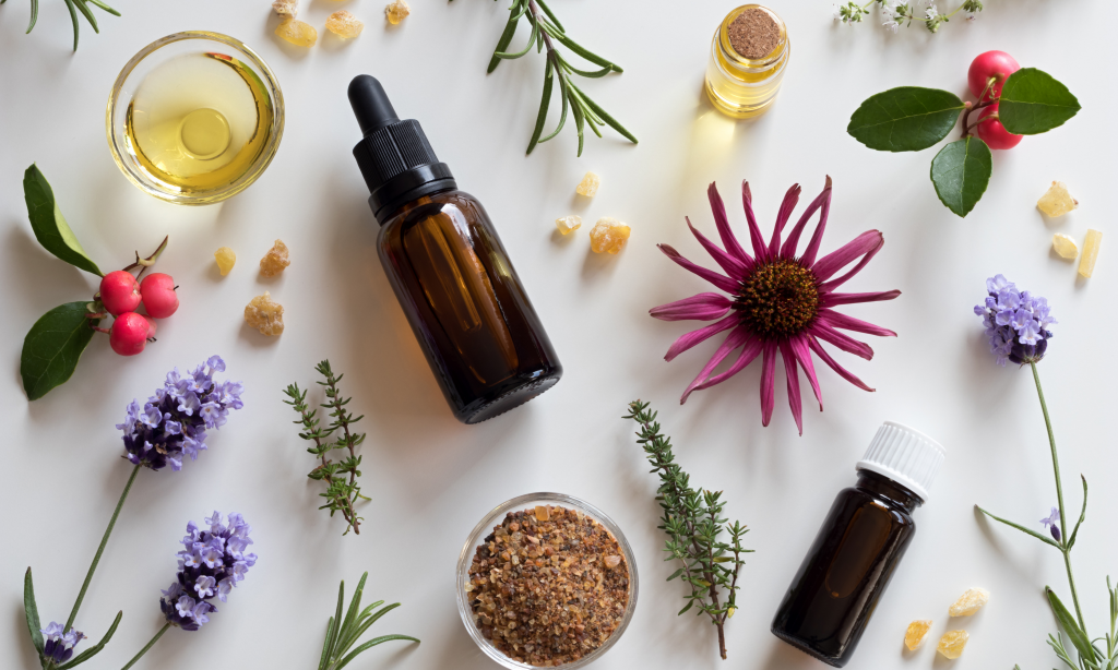 selection of essential oils and herbs