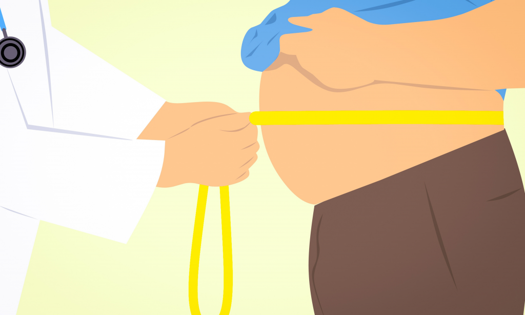 digital illustration of doctor putting tape measure around large stomach
