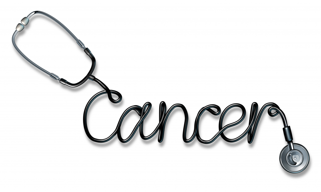 Cancer concept as a doctor stethoscope shaped as written text as a health care medical symbol and icon for cancerous growth diagnosis and treatment to fight against malignant tumor growth on a white background
