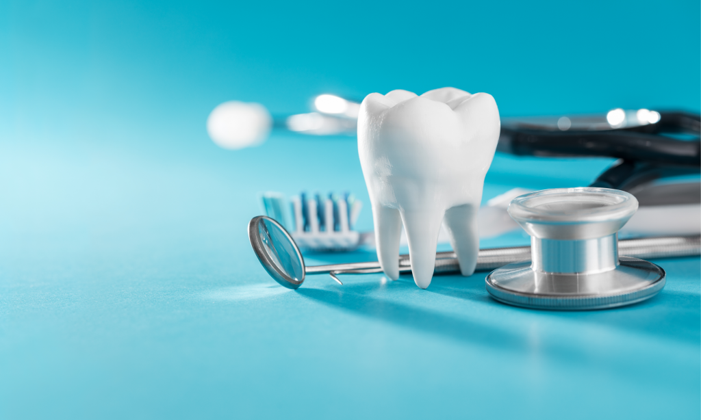 white healthy tooth, different tools for dental care