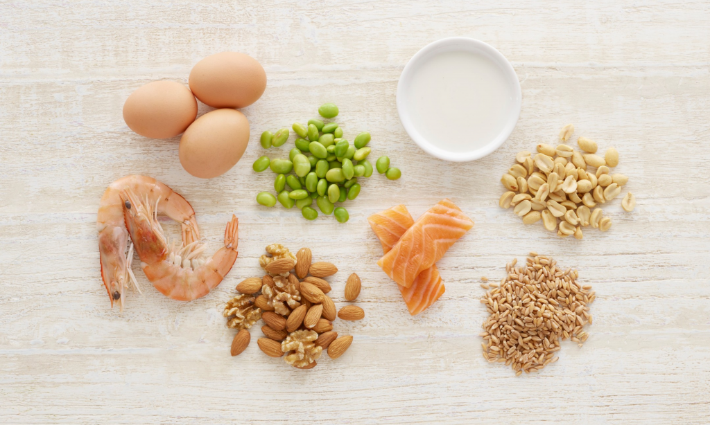 food allergens, eggs, edamame beans, milk, salmon, prawns, nuts, and grains
