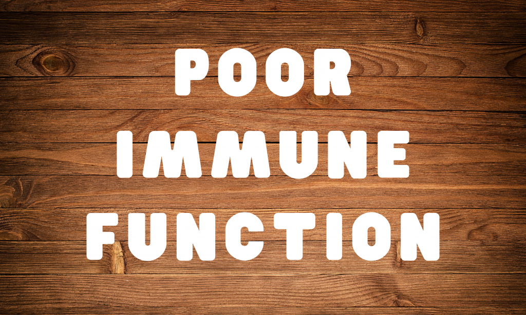 words "poor immune function" written in large white text on wooden background