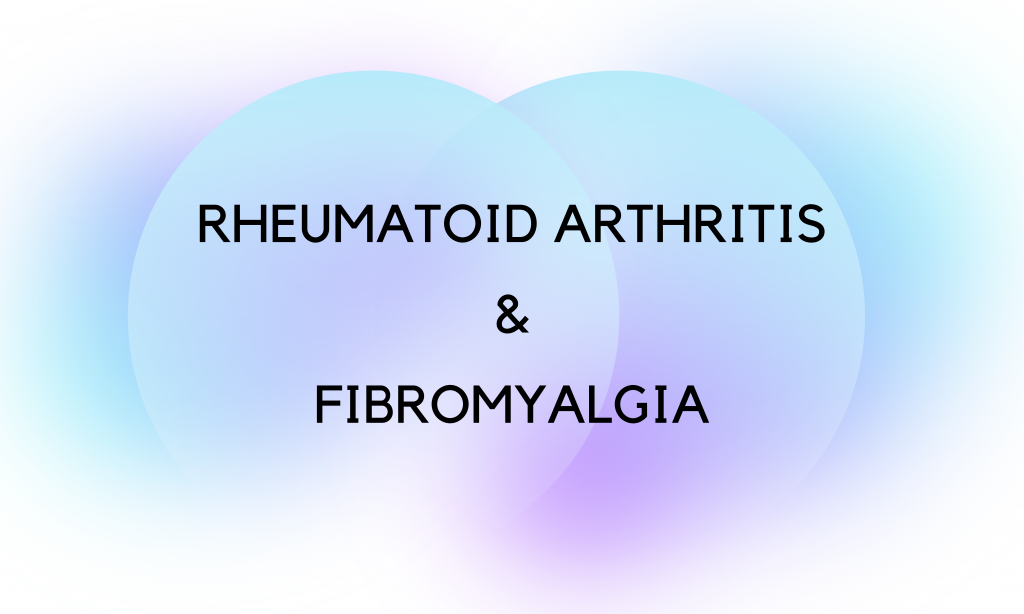 blue and purple background with words rheumatoid arthritis and fibromyalgia words written