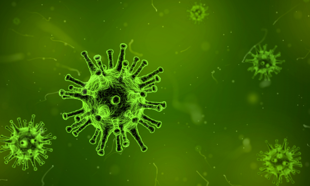 digital illustration of viruses and in green