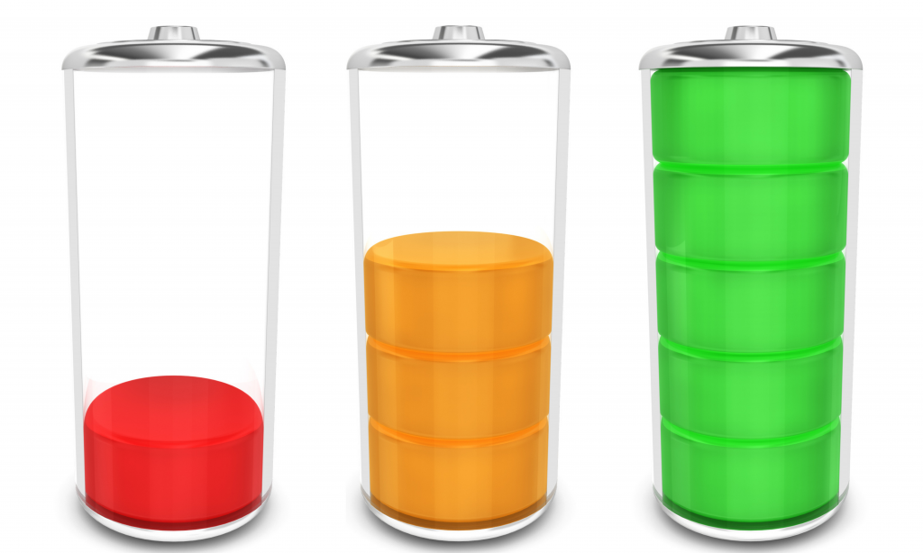 three batteries side by side, one low on red, one mid way on orange, one full green