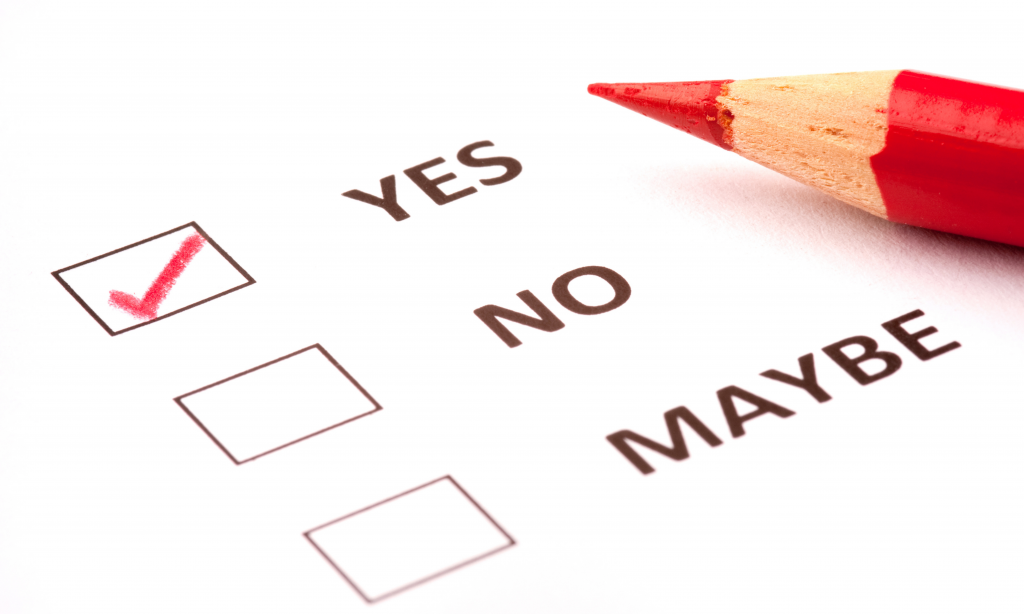three tick boxes, yes, no and maybe. the Yes box has been ticked in red pencil