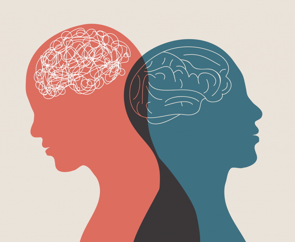 an illustration of two heads facing away from each other. the left is painted red and the brain is depicted as lots of mess, indicating mental health issues. The right is painted blue, with a clear image of a brain, indicating a healthy brain.